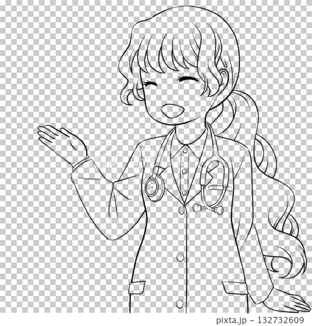 手で示して案内する笑顔の女性医師。説明する若い女性のモノクロ線画 132732609