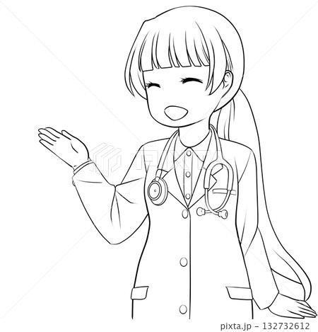手で示して案内する笑顔の女性医師。説明する若い女性のモノクロ線画 132732612