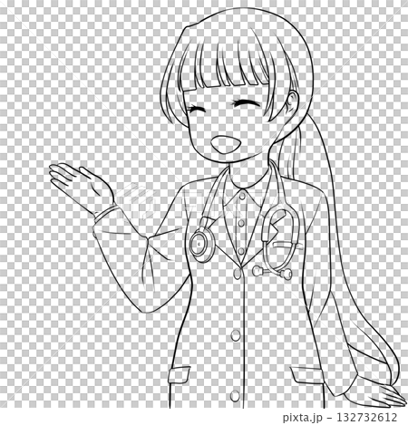 手で示して案内する笑顔の女性医師。説明する若い女性のモノクロ線画 132732612