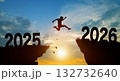 Happy new year in 2026. Man jumping across the gap from 2025 to 2026 cliff with Sunset and Twilight Sky background. 132732640
