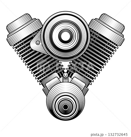 Monochrome vector illustration of a V twin motorcycle engine block detailed vintage woodcut engraving style for garage logos biker club emblems retro mechanical 132732645