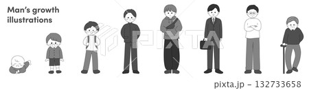 男性の赤ちゃんから高齢者までのライフステージイラスト 白黒 男性の赤ちゃんから高齢者までのライフステージイラスト 白黒 132733658