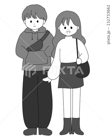 かわいい大学生男女のセットイラスト　全身　白黒　挿絵 132733662