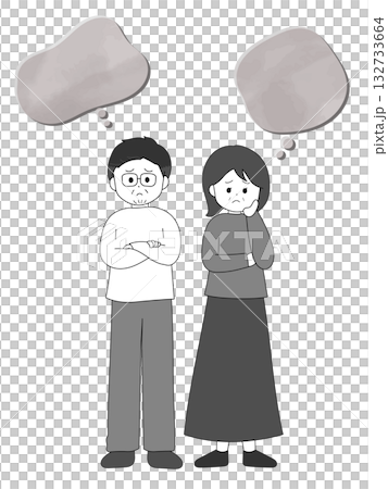 Illustration of a pair of troubled middle-aged couples in their 40s and 50s, black and white Illustration of a pair of troubled middle-aged couples in their 40s and 50s, black and white 132733664