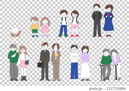 From infants to elderly people, life stages, male and female pair illustration set From infants to elderly people, life stages, male and female pair illustration set 132733666