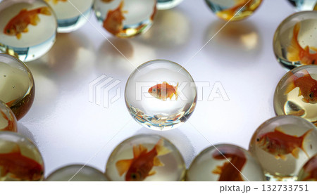 透明な球体に閉じ込められた金魚の幻想アート　光の中に浮かぶ静寂の世界　generative ai 132733751