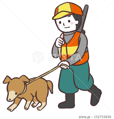 犬と歩く狩猟男性のイラスト 132733830