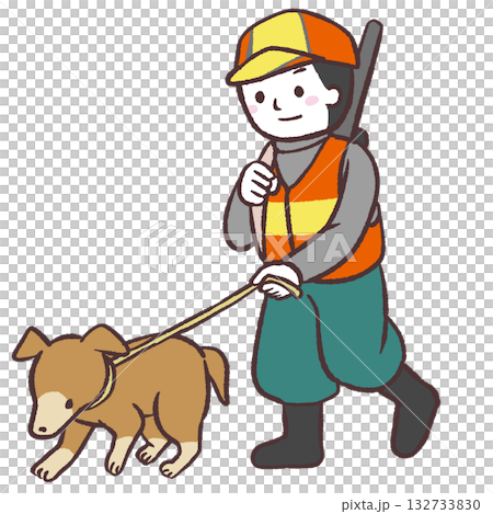 犬と歩く狩猟男性のイラスト 132733830