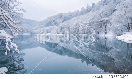 雪に包まれた静かな湖と冬の絶景風景 132733869