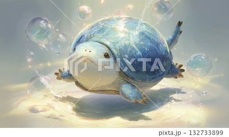 泡の中を泳ぐ青い甲羅のかわいいカメの幻想イラスト 132733899