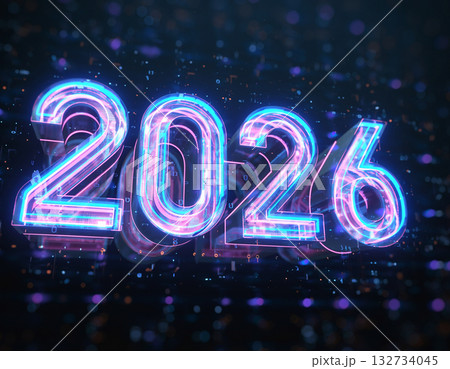 ネオンライトで未来的に輝く2026立体グラフィック ネオンライトで未来的に輝く2026立体グラフィック 132734045