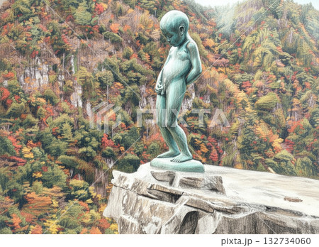秘境の紅葉を背景にした崖っぷちの小便小僧 132734060