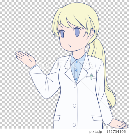 一位可愛的女藥劑師正在手把手地向你展示。年輕女性講解的剪貼畫。 132734106