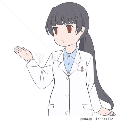 手で示して案内する笑顔の女性薬剤師。説明する若い女性のクリップアート 132734112