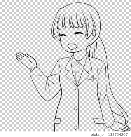 一位面帶微笑的女藥劑師用手指著並引導顧客。一幅年輕女子正在講解的單色線條畫。 132734207