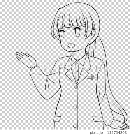 一位面帶微笑的女藥劑師用手指著並引導顧客。一幅年輕女子正在講解的單色線條畫。 132734208