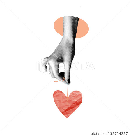 A hand holds a red heart on a string. A modern vector collage with a halftone hand and abstract elements. A love and romance concept for Valentine s Day card and poster designs. A hand holds a red heart on a string. A modern vector collage with a halftone hand and abstract elements. A love and romance concept for Valentine s Day card and poster designs. 132734227