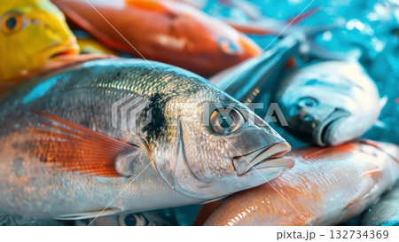 Seafood variety resting on crushed ice, showcasing diverse fish species from local market, highlighting marine freshness and culinary richness Seafood variety resting on crushed ice, showcasing diverse fish species from local market, highlighting marine freshness and culinary richness 132734369