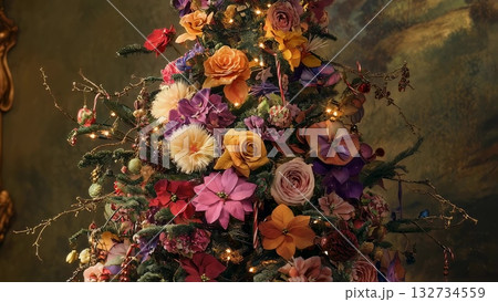 Glowing holiday lights illuminating festive flowers adorning evergreen tree, casting warm radiance against deep forest green background Glowing holiday lights illuminating festive flowers adorning evergreen tree, casting warm radiance against deep forest green background 132734559