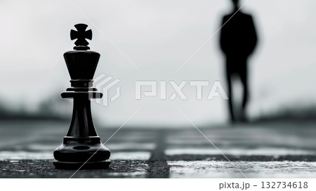 Confident executive striding past dark chess king, representing strategic leadership and career choices against dramatic cloudy background 132734618