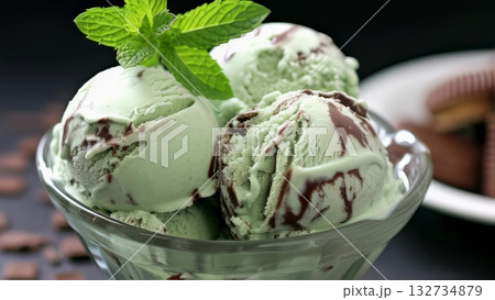 Mint chocolate chip ice cream scoops nestled in glass bowl, garnished with mint leaves, chocolate cookies softly blurring behind, promising cool 132734879