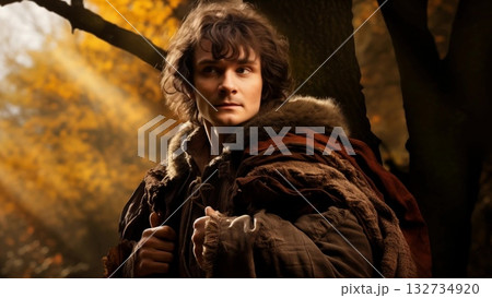 Confident forest ranger traversing autumn woodland at sunset, warmly clothed in fur, carrying gear, golden sunlight streaming through dense trees, capturing wilderness mood 132734920