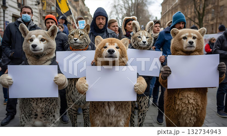 空白のプラカードを持ってデモ行進する人々と動物たち 132734943