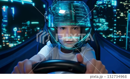 Focused young gamer wearing high tech VR helmet controlling advanced vehicle simulator with glowing digital interface and immersive display 132734968