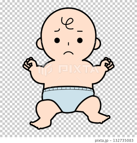 穿著尿布的嬰兒，臉上帶著憂慮的表情 132735083