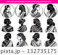 Black and White Illustration Women Wearing Traditional Sarees, Silhouette Profile Views, Ornamental Borders, Jewelery 132735175