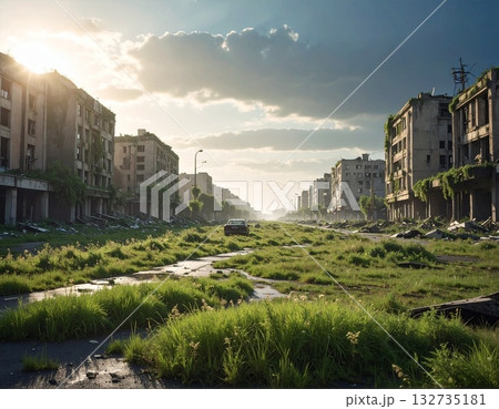 植物に飲み込まれたゴーストタウン　ai生成画像 132735181
