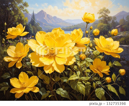 明るい黄色のダリアの花が柔らかな光の中で咲く、美しく芸術的なフローラルイメージ。 明るい黄色のダリアの花が柔らかな光の中で咲く、美しく芸術的なフローラルイメージ。 132735398