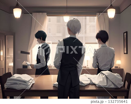 窓から光が差し込む部屋での作業 132735641