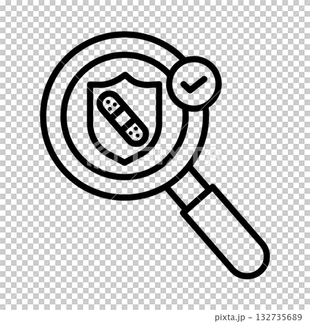 安全補丁圖標，顯示一個放大鏡突出顯示問題，盾牌上的創可貼表示修復已完成。 132735689