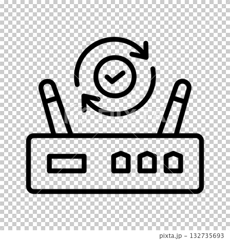 An updated router icon with a spinning arrow and a check mark in the center. 132735693
