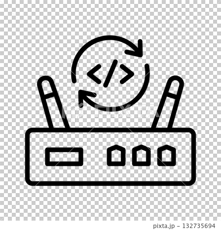 更新されているルーターのアイコン。回転する矢印の中心にはプログラムを表す記号があります。 更新されているルーターのアイコン。回転する矢印の中心にはプログラムを表す記号があります。 132735694