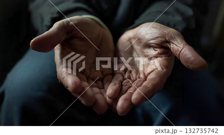差し出されたしわだらけの老人の両手 132735742