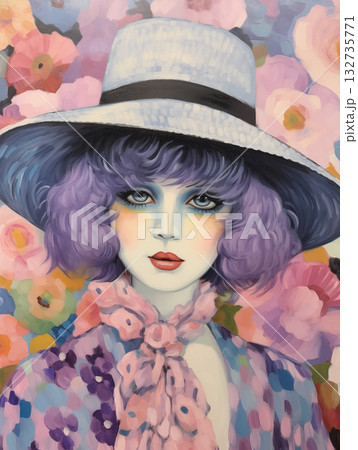 Naive art portrait of girl with lavender hair wearing a hat surrounded by colorful flowers Naive art portrait of girl with lavender hair wearing a hat surrounded by colorful flowers 132735771