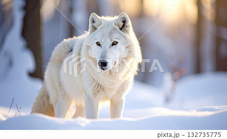 雪の中に立つ白いホッキョクギツネ。柔らかな冬の光に包まれた美しい自然の姿 雪の中に立つ白いホッキョクギツネ。柔らかな冬の光に包まれた美しい自然の姿 132735775