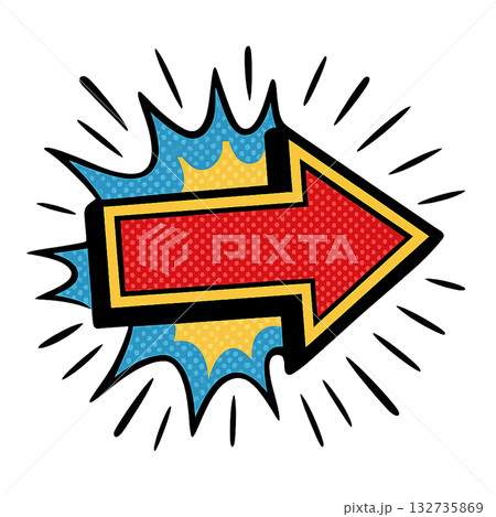 アメリカンコミック風のポップな矢印、 レトロポップなドット柄の矢印デザイン、 アメコミスタイルのカラ 132735869