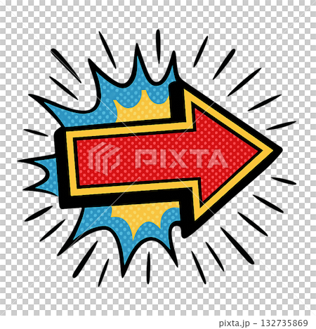 アメリカンコミック風のポップな矢印、 レトロポップなドット柄の矢印デザイン、 アメコミスタイルのカラ 132735869