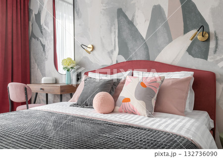 Stylish Modern Bedroom with Pink and Gray Accents Stylish Modern Bedroom with Pink and Gray Accents 132736090