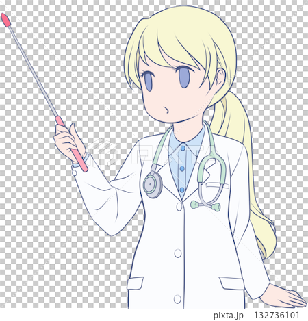 一位可愛的女醫生拿著指示棒。年輕女性用指示棒講解的剪貼畫。 132736101