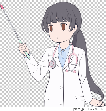 一位可愛的女醫生拿著指示棒。年輕女性用指示棒講解的剪貼畫。 132736107