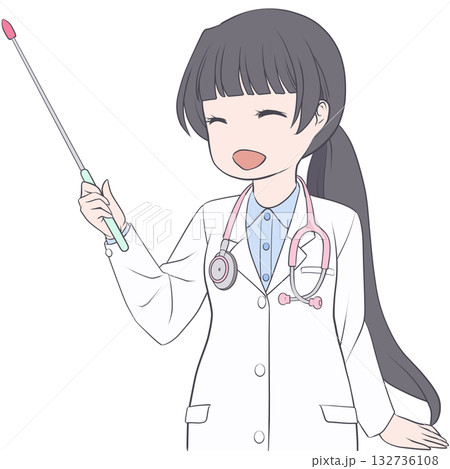 指し棒を持った笑顔の女性医師。ポインターで説明する若い女性のクリップアート 指し棒を持った笑顔の女性医師。ポインターで説明する若い女性のクリップアート 132736108