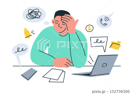 Vector flat cartoon illustration of stressed worker at laptop surrounded by urgent tasks and notifications. Concept of burnout, multitasking, mental overload, tired employee, office stress, pressure Vector flat cartoon illustration of stressed worker at laptop surrounded by urgent tasks and notifications. Concept of burnout, multitasking, mental overload, tired employee, office stress, pressure 132736300