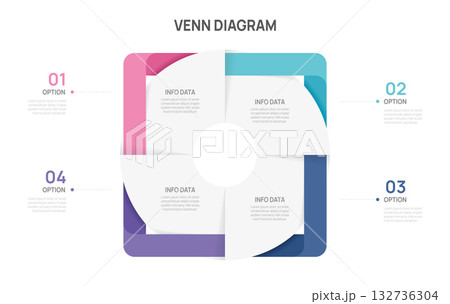 Venn diagram infographic chart template for business 4 color parts options, presentation with icon elements vector illustration. 132736304