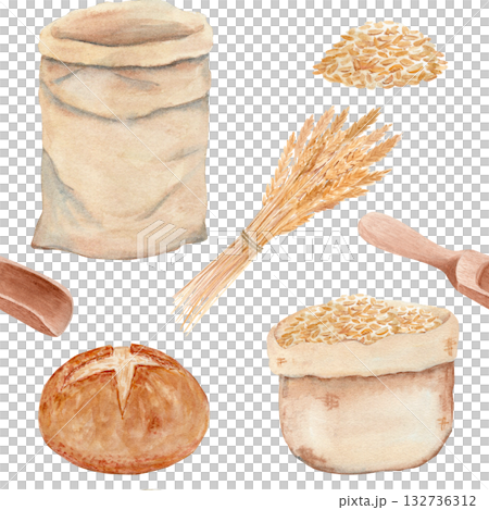 Rustic bread, wheat, flour bags, and wooden scoops. Hand-painted watercolor seamless pattern farmhouse style clipart in warm tones, perfect for bakery branding, packaging, textile or kitchen decor 132736312