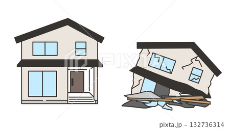 地震で倒壊した家と倒壊前の住宅のイラスト 132736314