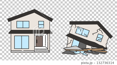 地震で倒壊した家と倒壊前の住宅のイラスト 132736314